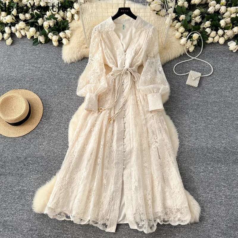 Vintage Single Breasted Dress Women 2025 Vestidos De Mujer Embroidery Slim Fit Lace V-neck Long Sleeve Temperament Robe Femme