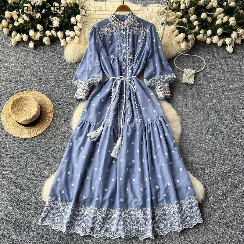 Vintage Embroidery Stand Collar Dresses for Women 2025 Summer New Robe Femme Heavy Elegant Lantern Sleeve Chic Vestido Feminino