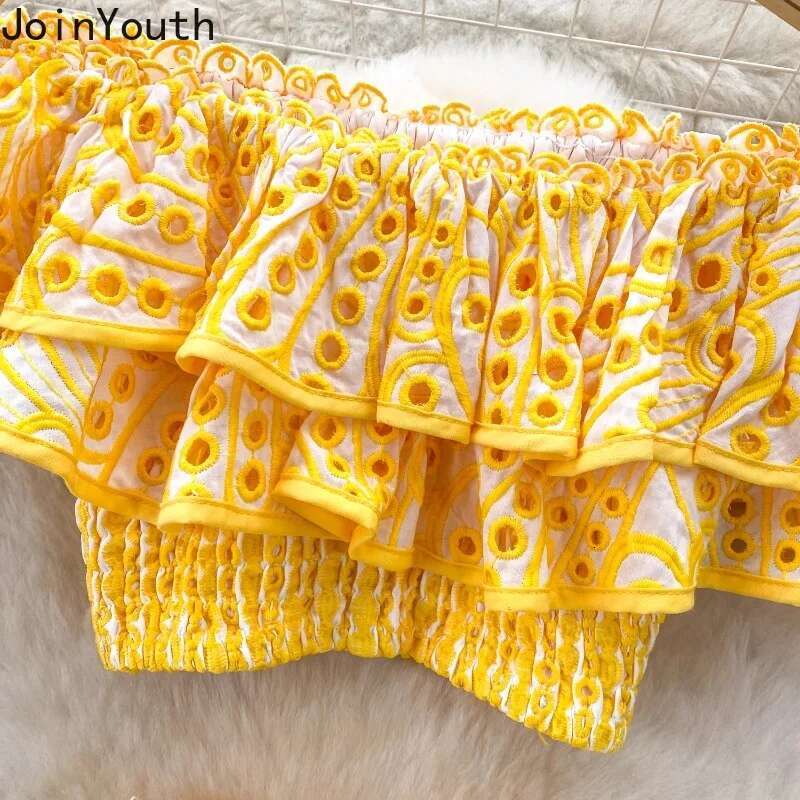 Women Clothing Summer Suit 2 Piece Sets Slash Neck Ruffles Crop Tops Bodycon Mini Skirt Outfits Hollow Out Folds Sweet Chic Set