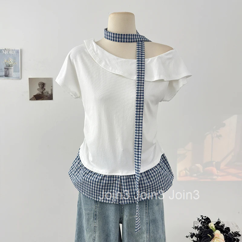 Summer Woman Tshirts Patchwork Plaid Camisetas Fake Two Korean Tees 2025 Ropa Mujer Off Shoulder Slim Fit Irregular T-shirt Tops