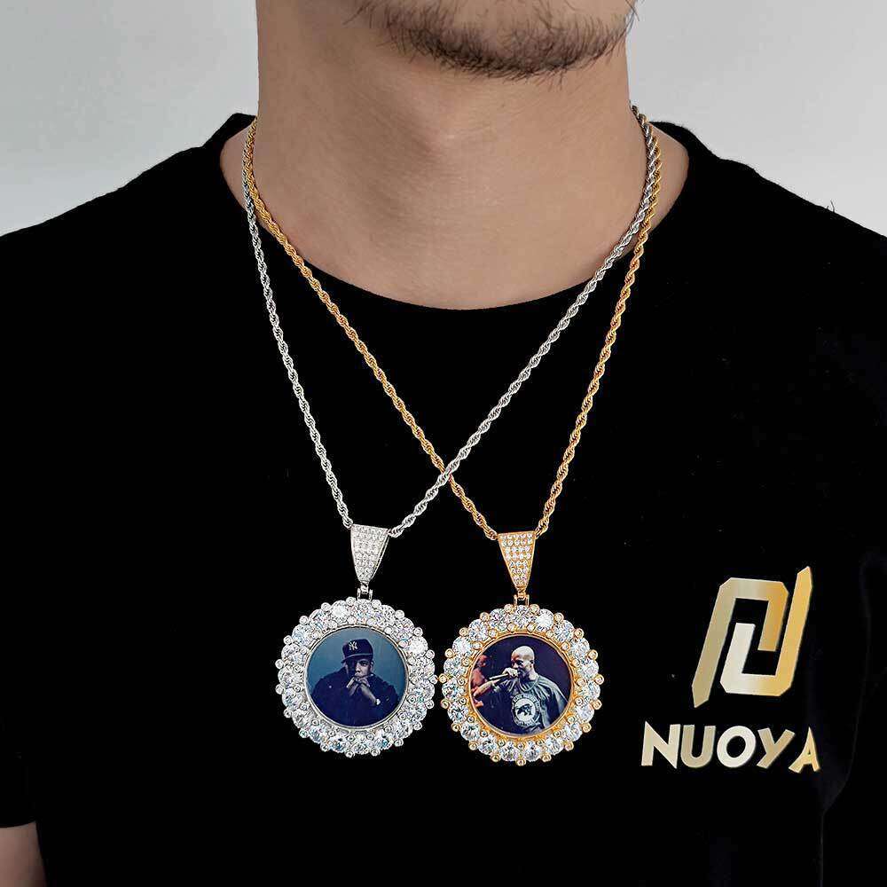 Large Dia Round Photo Micro Paved Zircon Creative DIY Pendant Frame Necklace Hip Hop Accessories feb7