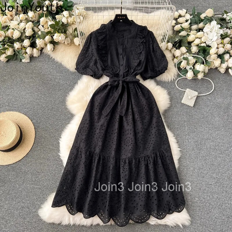 Temperament Robe Femme Vintage Dress Chic Women Clothing 2025 Vestidos De Mujer Puff Sleeve Embroidery Hollow Out Summer Dresses