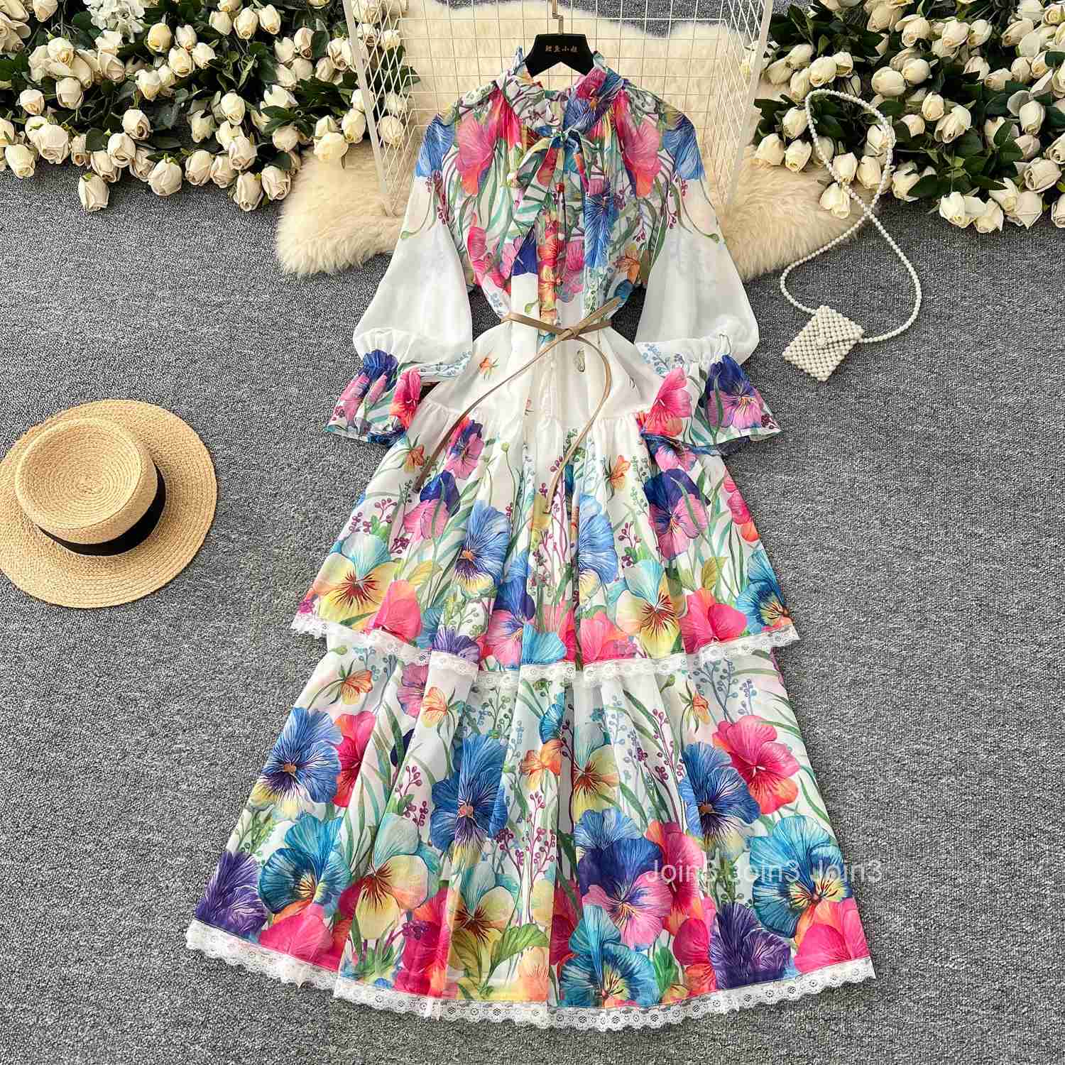 Vintage Maxi Dress Women Clothes Bandage Bow Single Breasted High Waist A-line Robe Femme Patchwork Lace Floral Summer Dresses