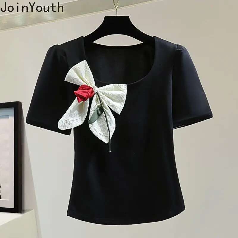 White Woman T Shirts Square Collar Puff Sleeve Tunic Tees Fashion Korean Camisetas 2025 Ropa Mujer Bow Sweet Summer T-shirt Tops