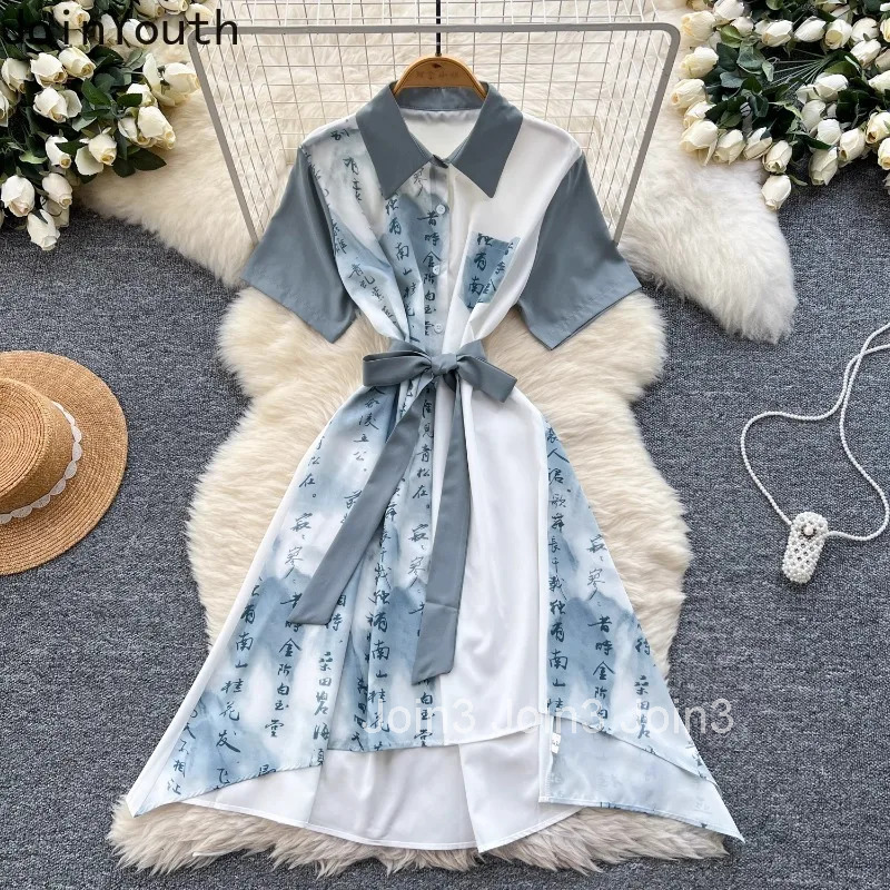 Bandage Slim Waist Woman Dress 2025 Vestidos De Mujer Short Sleeve Letter Summer Robe Femme Vintage Casual Irregular Dresses