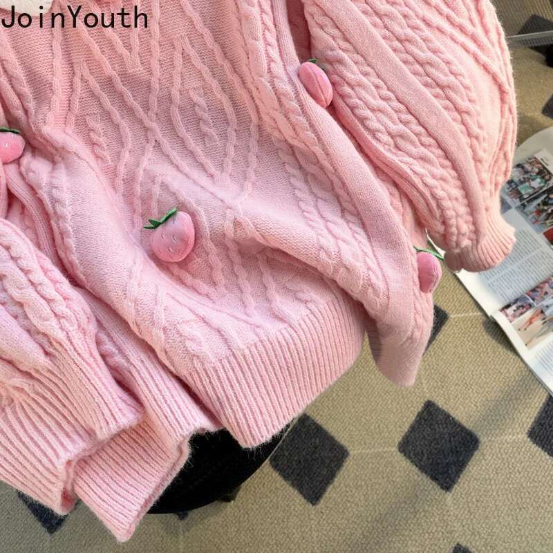 Japanese Sweet Pullover Womens Clothing Cute Peter Pan Collar 3D Strawberry Jumper Fashion Pink Knitted Sweater 2025 Ropa Mujer