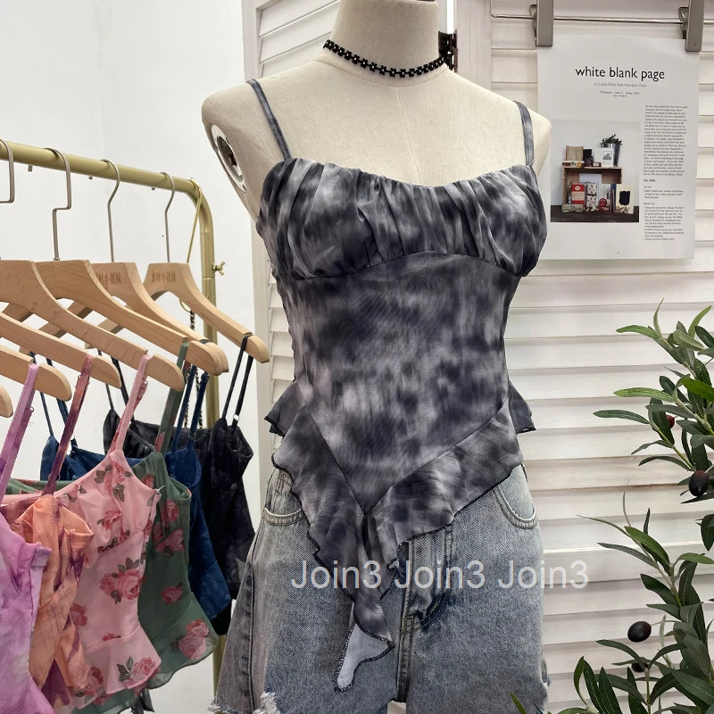 Irregular Tie Dye Printed Mesh Camisole Vest Women Clothing Sexy Tees Sleeveless Tunic Summer Camis Crop Tops Korean Chic Tanks