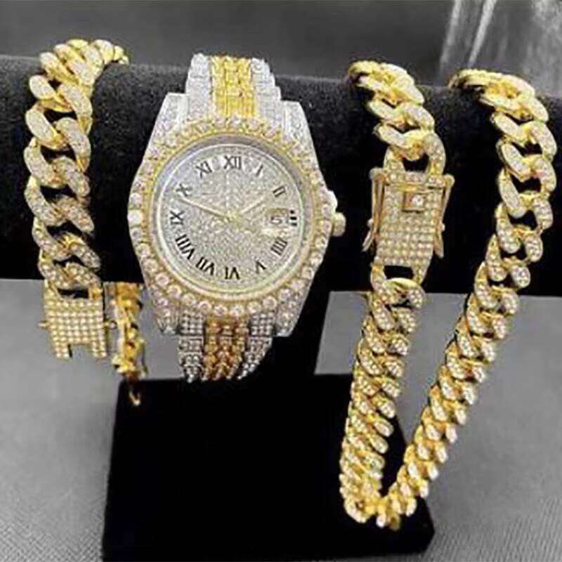 Dia Iced Out Men's Watches Luxury Wristwatch Link Chain Bracelet Set Showy Jewelry Sets Hip Hop Watch for Men