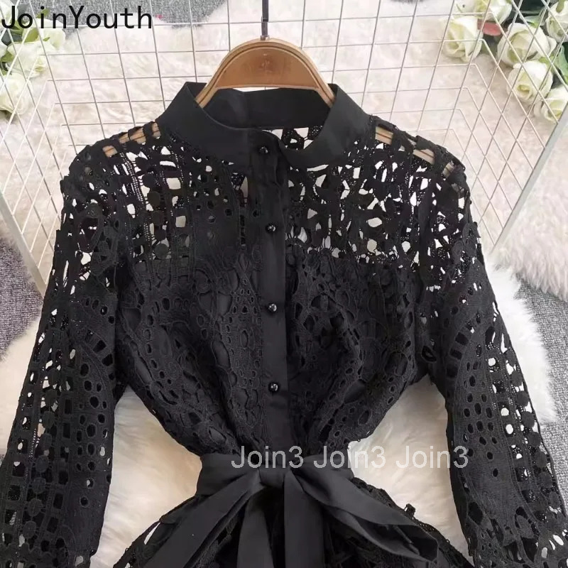Temperament Robe Femme Vintage Dresses for Women 2025 Vestidos De Mujer Bandage Slim Waist Single Breasted Lace Hollow Out Dress