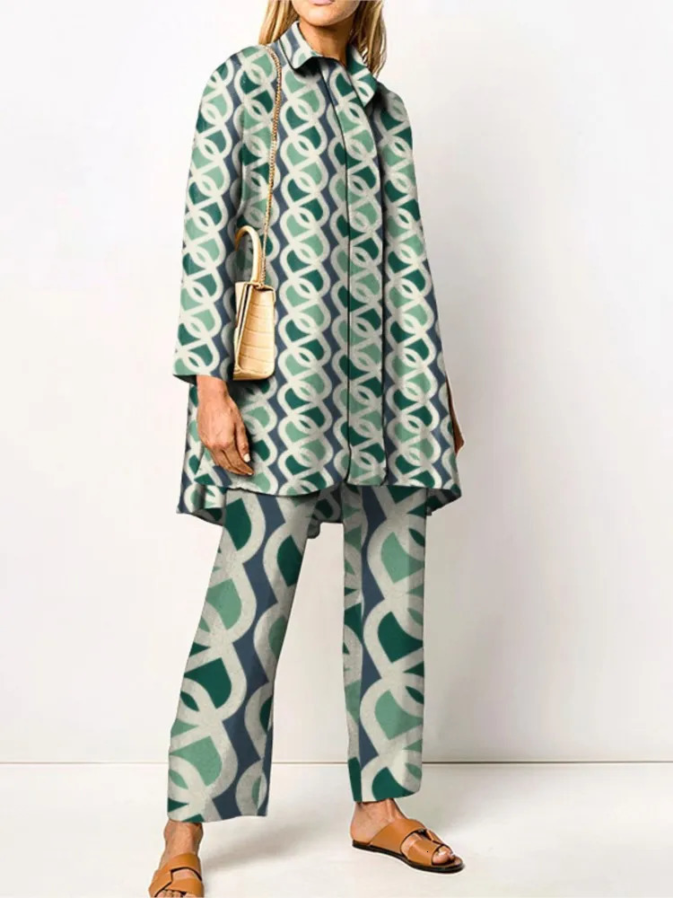 Autumn Vintage Printed Pant Sets Women Long Shirts And Wide Legs Trousers Two Piece Set Fashion Trendy Streetwear Lady Suits 250617