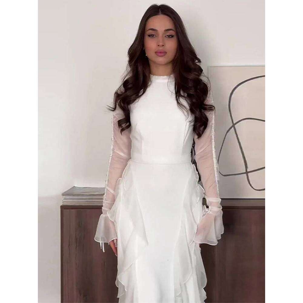 Solid Side Ruffle Women Long Dresses Elegant O Neck Butterfly Sleeve Female Dress 2024 New Chic Autumn Evening Party Muslim Robe