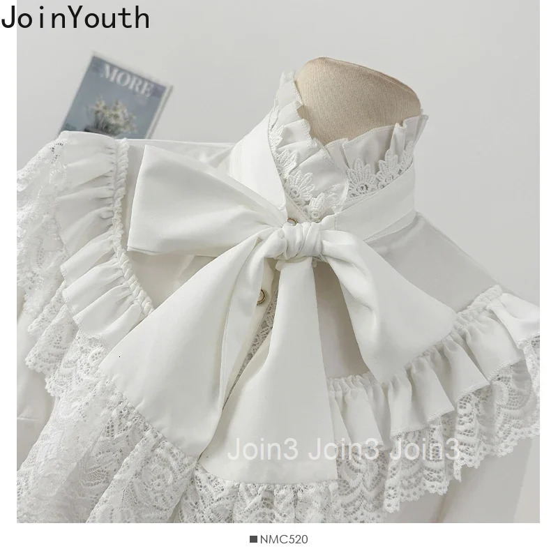 Lolita Style Women Tops Camisas De Mujer Bandage Bow Stand Neck Blouses Womens Clothing Patchwork Lace Vintage Blouse Shirts