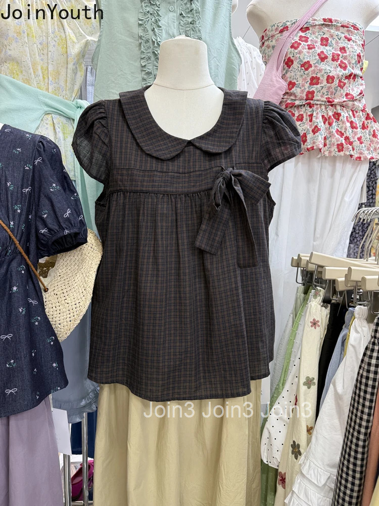 Korean Shirts for Women Loose Bow Turndown Collar Short Sleeve Blouses 2025 Camisas De Mujer Summer Vintage Plaid Blouse Tops