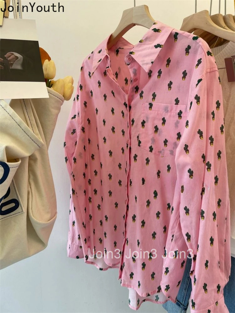 Oversized Blouse Women Clothing Camisas De Mujer 2025 Long Sleeve Fashion Pocket Casual Shirts Print Vintage Korean Blouses Tops