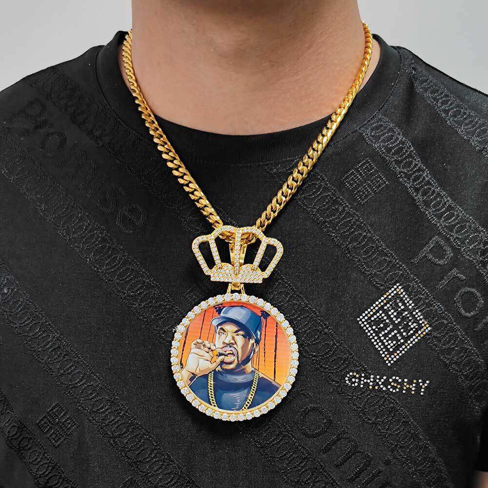 Hip Hop Crown Large Round Personality Pendant DIY Creative Photo Frame Zircon Men's Necklace a680