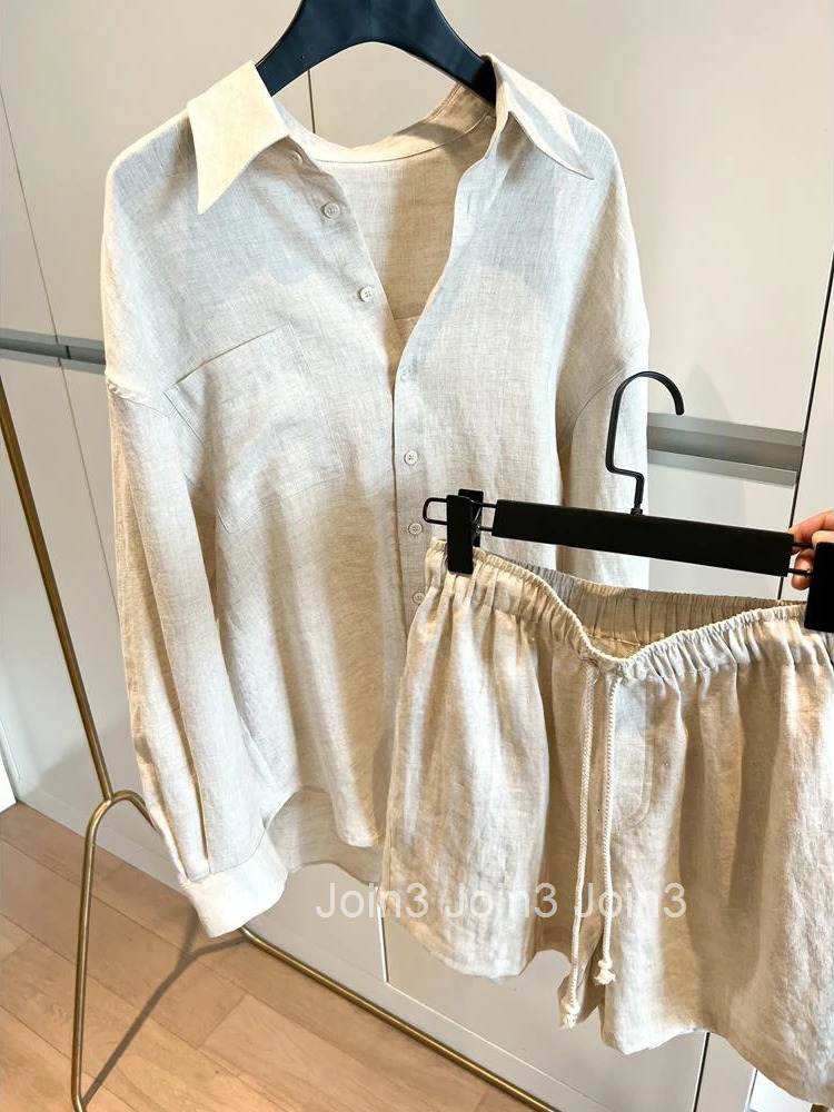 Two Piece Sets Womens Outfits Cotton Linen Clothing Long Sleeve Loose Blouse Tops Bandage Shorts Suit Casual Fashion Summer Set