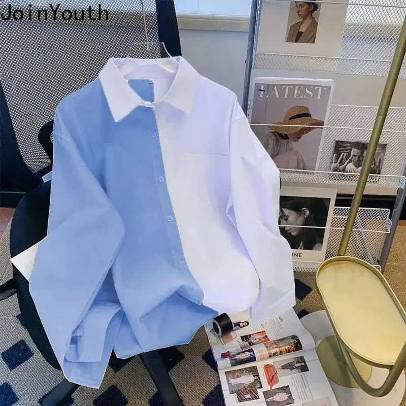 2025 Blusas De Mujer Contrast Color Korean Blouses Long Sleeve Fashion Loose Shirts Preppy Style Casual Vintage Blouse Tops