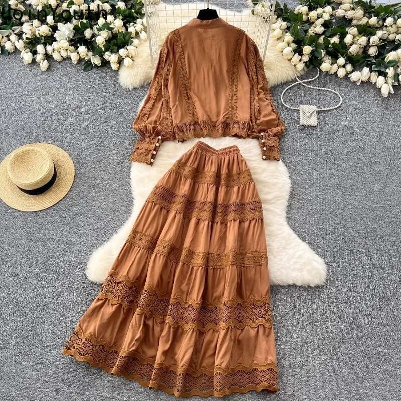 Women Clothing Vintage 2 Piece Set Patchwork Lace Stand Neck Shirt High Waist A-line Loose Skirt Outfits Hollow Out Vintage Suit