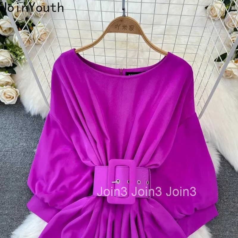 Korean Fashion Vintage O-neck Dress for Women Summer New Slim Waist A-line Tunic Dresses Y2k Long Sleeve Loose Vestidos Mujer