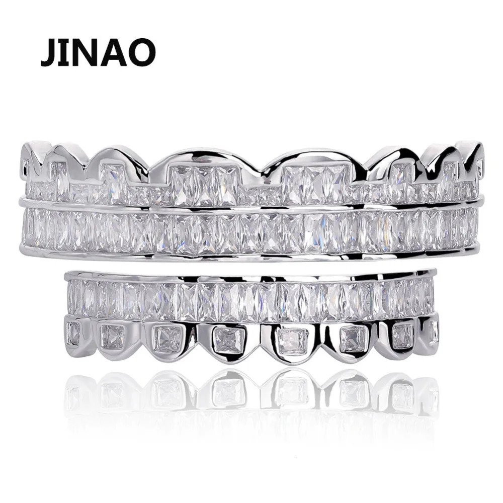 JINAO Plated HIP HOP Teeth Top Bottom Grills Set With silicone Real Shiny Grill Sets Bling Cubic Zircon 250613