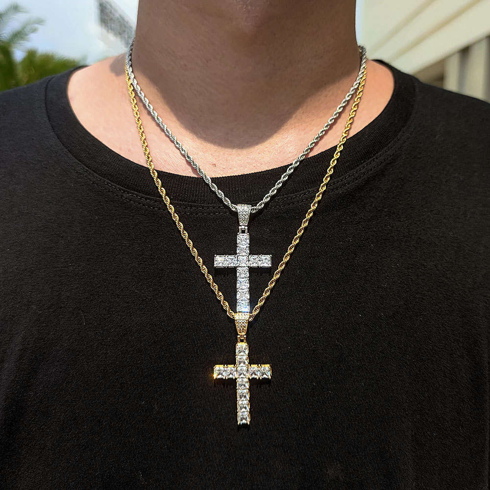 Square Zircon Cross Necklace Personality Hip-Hop Accessories Trendy Pendant 5526