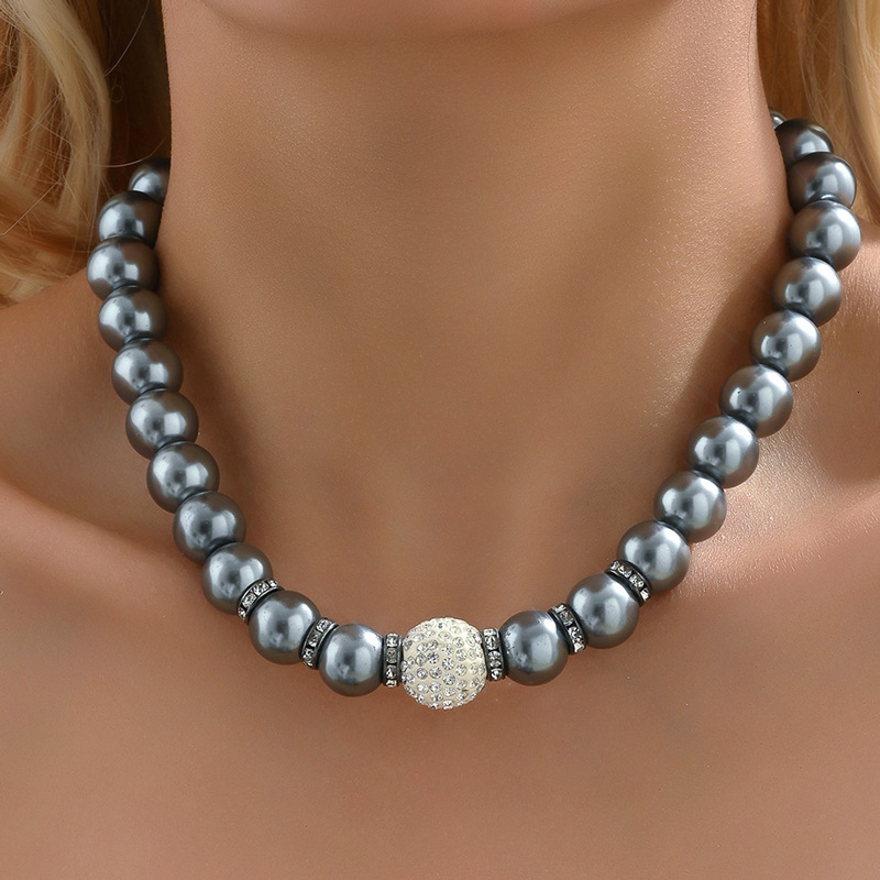 Faux Pearl Necklace With Zircon Inlay, Elegant Dark Gray Clarbone Chain, Chain