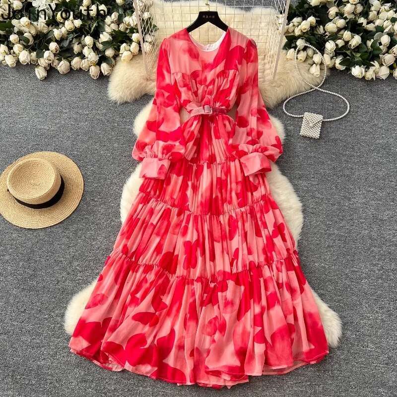 Maxi Dress Women Summer Temperament Floral Robe Femme 2025 Vestidos De Mujer Bandage Slim Waist Floral Big Swing Chiffon Dresses