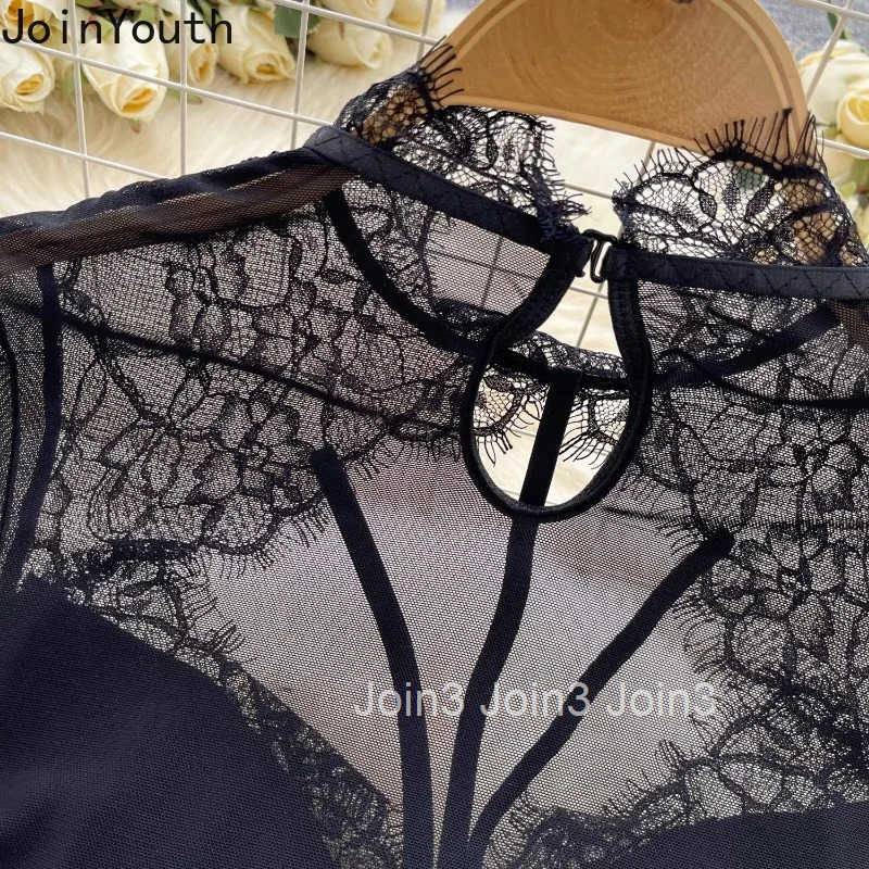 Women Patchwork Lace Sexy Bodysuit See Through Tunic Jumpsuit Hollow Out Fashion Korean Playsuit Y2k Tops Bodysuit Spring Summer