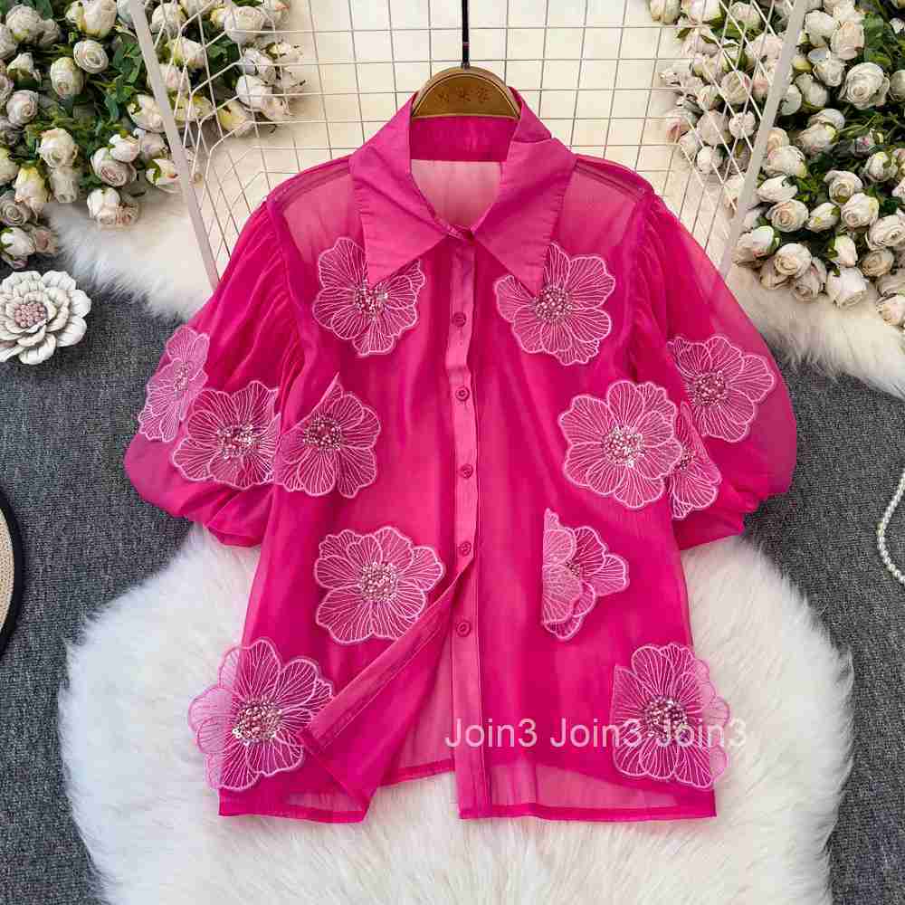 2025 Blusas Mujer De Moda Summer Blouse Womens Clothing Short Sleeve Sweet Sequin Floral Shirt See Through White Blouses Tops