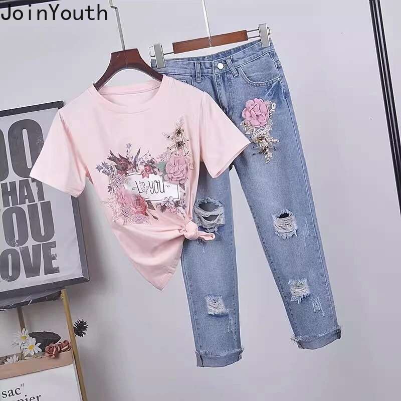Two Piece Sets Womens Outfits Roupas Femme 3D Floral White Tshirts Tunic Hole Denim Pants Suit Fashion Korean Temperament Set