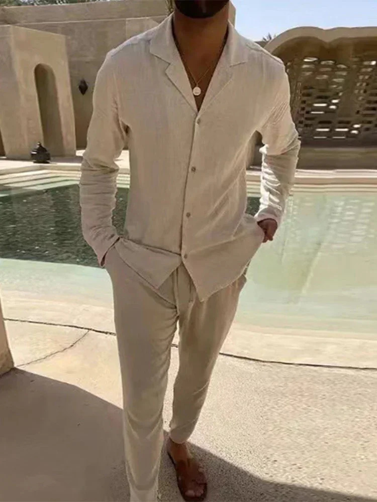 All Match Mens Tracksuit Fashion Solid Two Piece Slim Suit Autumn Long Sleeve Button Shirts Top Drawstring Pants Set 250619