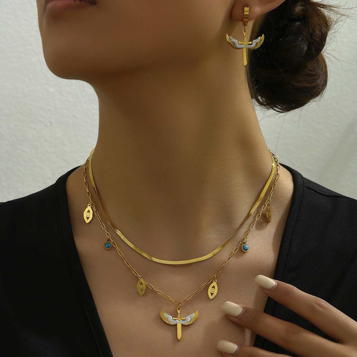 Unique Earrings And Necklace Set With Zircon Inlay, Double Layer Design, Long Clavicle Chain