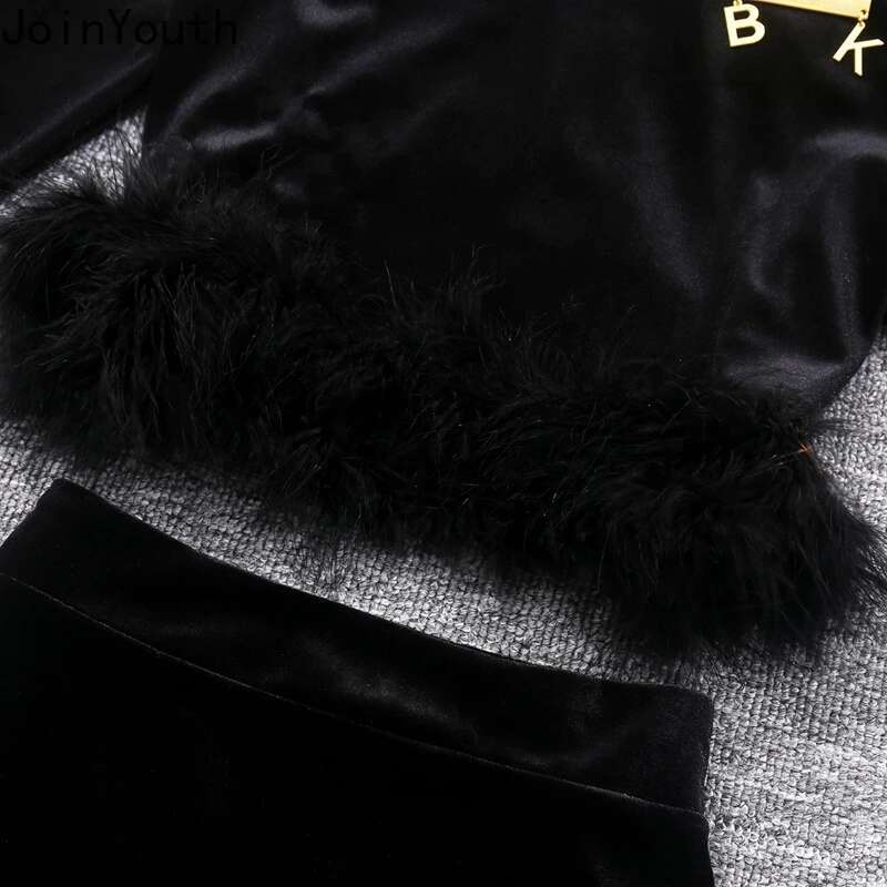 Velvet 2 Piece Sets Womens Clothing Tunic Crop Tops High Waist Bodycon Skirt Suit Roupas Femme Vintage Korean Fashion Outfits