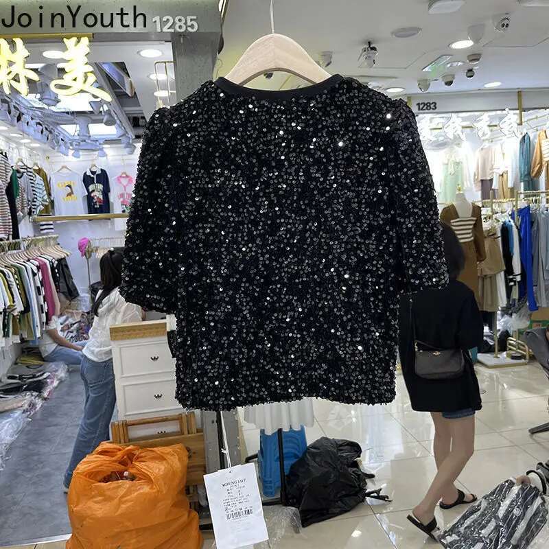 2025 Shirts for Women Korean T-shirts Short Sleeve O-neck Loose Tees Chic Temperament Sequined T Shirts Black Summer Crop Tops