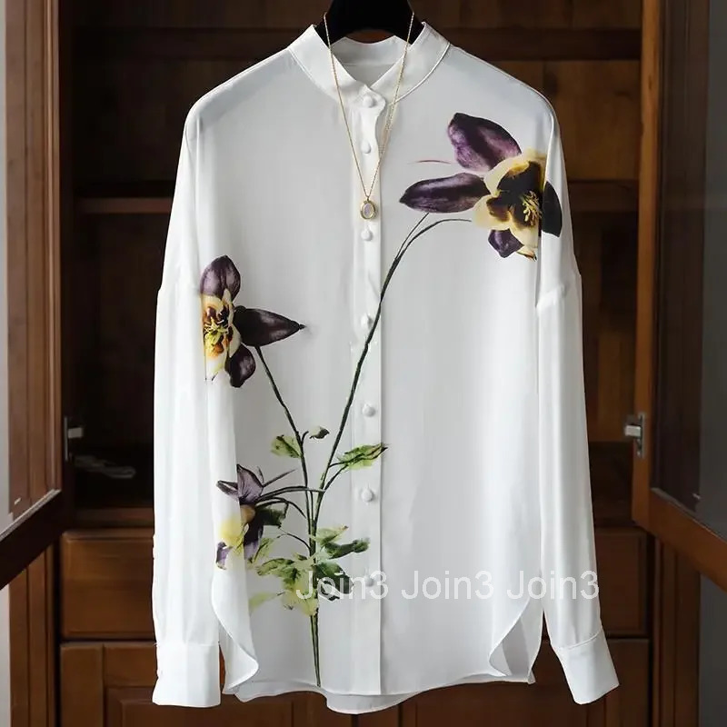 Floral Long Sleeve Womens Shirts Stand Neck Loose Blouses 2025 Blusas Mujer De Moda Loose Vintage Korean Blouse Tops Female