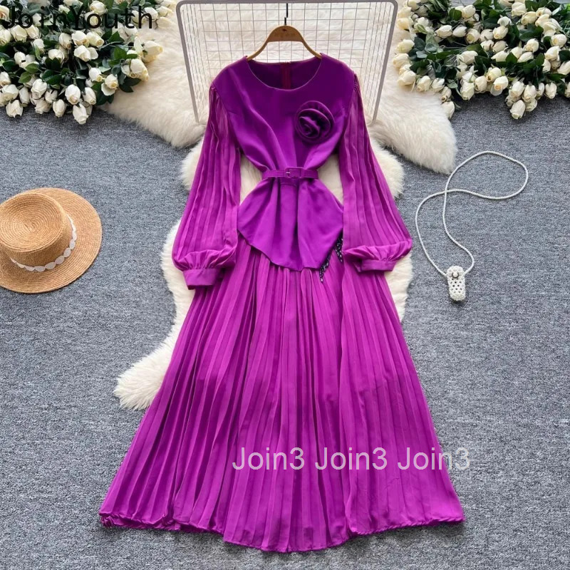 Vintage Summer Dress O-neck Lantern Sleeve Temperament Robe Femme 2025 Vestidos De Mujer High Waist Big Swing Pleated Dresses