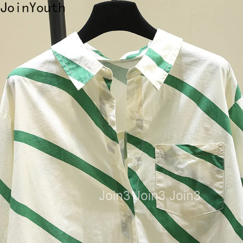 Green Striped Shirts for Women Long Sleeve Casual Summer Blouses 2025 Blusas Mujer De Moda Vintage Fashion Oversized Tops 27y285