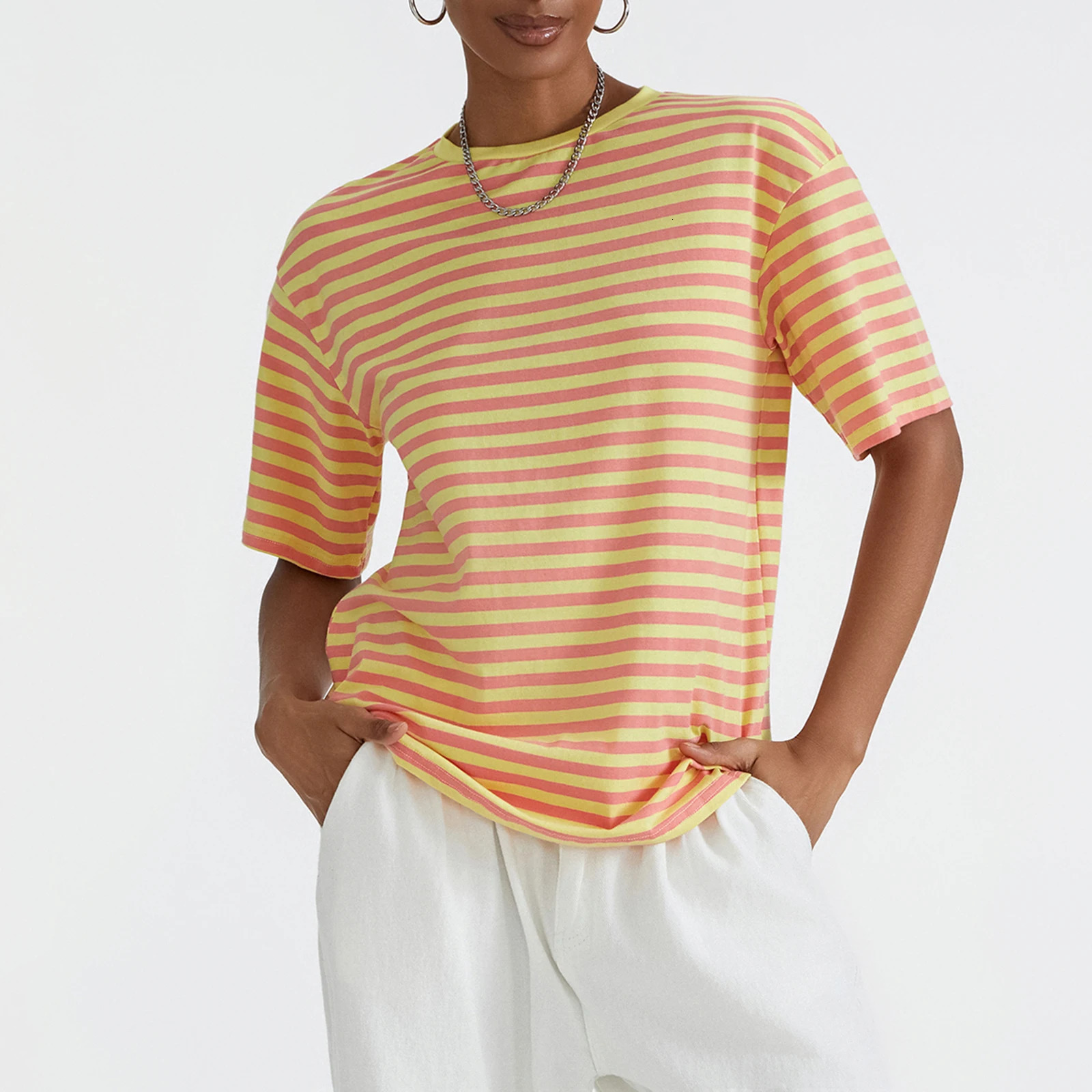 Puloru Summer Striped Loose T-Shirts Womens Oversized Short Sleeve Crew Neck Casual Tops for Street Daily Basic Pullovers 250619
