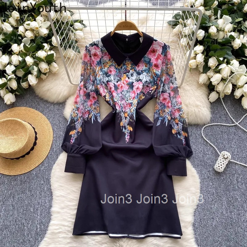 Floral Vintage Dresses Women Clothing 2025 Vestidos De Mujer Long Sleeve A-line Elegant Robe Femme High Waist Korean Chic Dress