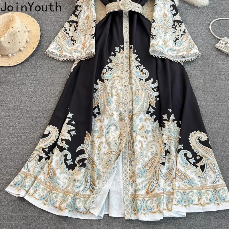 Flare Sleeve Elegant Dresses Women Stand Neck Slim Waist Single Breasted Vestidos De Mujer Korean Chic Vintage Summer Maxi Dress