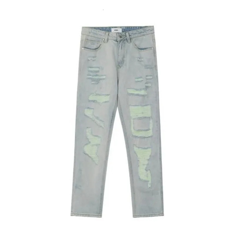 Distressed Trendy Street Ripped Light Blue Jeans Men Slim Fit Hip-hop Korean Style Pants Casual Summer Washed Denim Jeans 250617