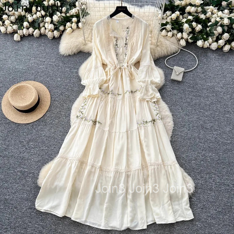 Vintage Dress Women Clothing Slim Waist Patchwork Lace Elegant Robe Femme 2025 Vestidos De Mujer Embroidery Summer Maxi Dresses
