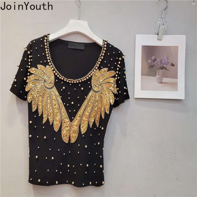 Fashion Heavy Beading T Shirts Women Diamond Casual Summer Tees 2025 Ropa Mmujer Y2k Tshirts O-neck Short Sleeve White T-shirt