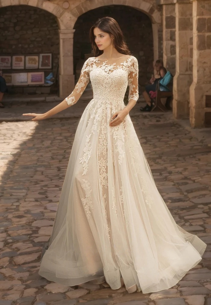 Elegant Lace A-Line Wedding Dresses Sweep Train Appliques Half Sleeves Long Bridal Gown Vintage Country Bride Dress Vestido De Novia