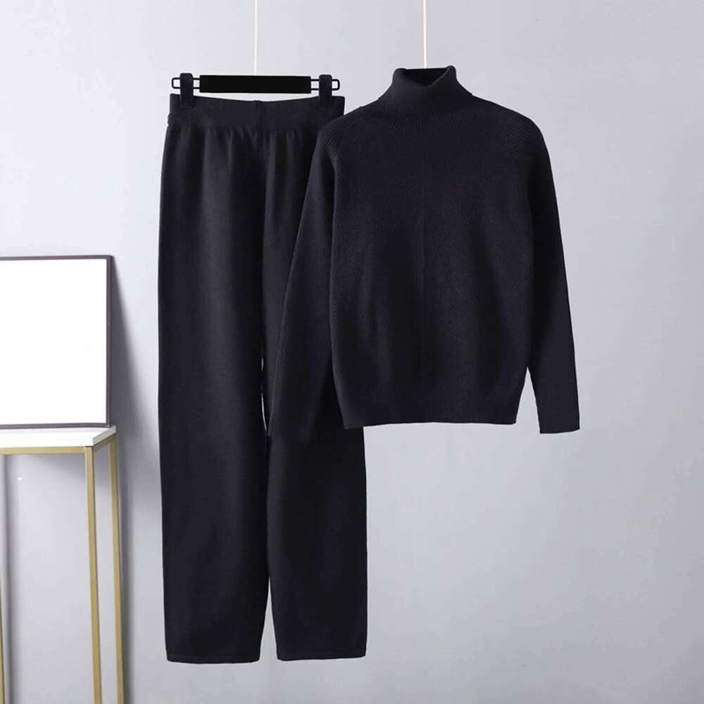 Designer Leisure High Quality Knitted Two Piece Suit Womens' Fall Winter Temperament Sweatshirts Set Wide Leg Pants And High Neck Sweater Outfit