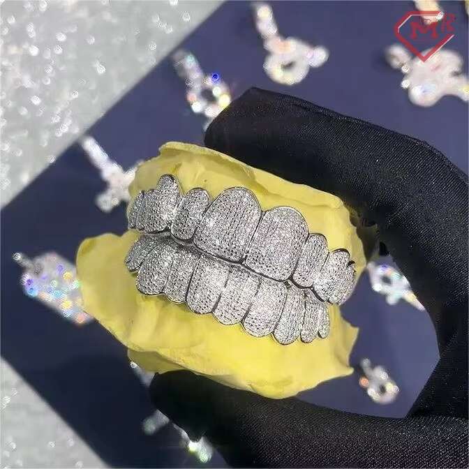 Hip Hop Moissanite Teeth Grillz Custom Vvs Iced Out Round Diamond Silver 925 Moissanite Grillz