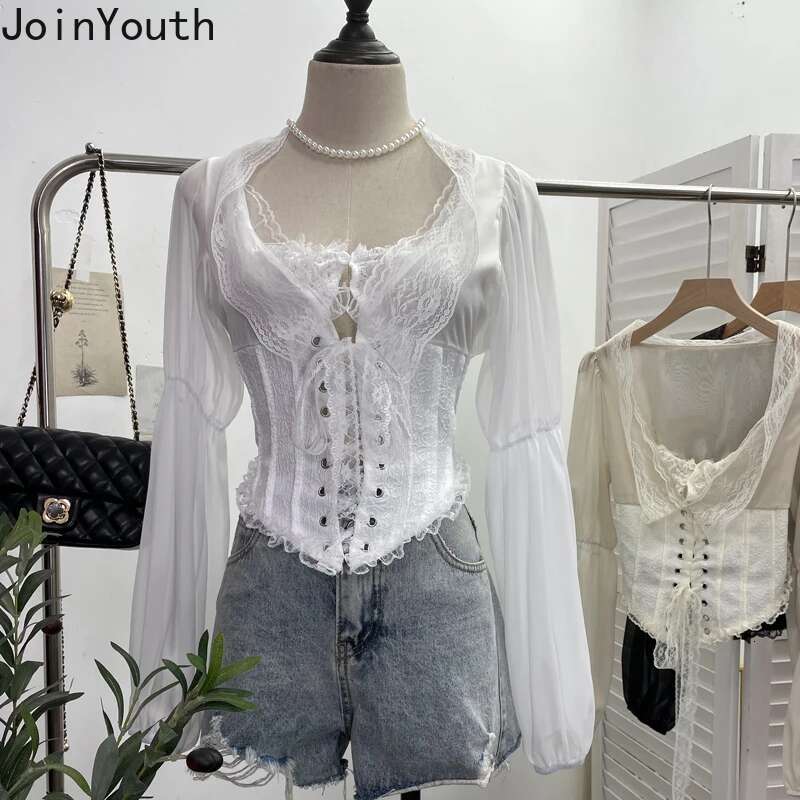 Crop Tops Blouses for Women Long Sleeve Patchwork Lace Slim Waist Bandage Shirts 2025 Camisas De Mujer Chiffon Summer Blouse