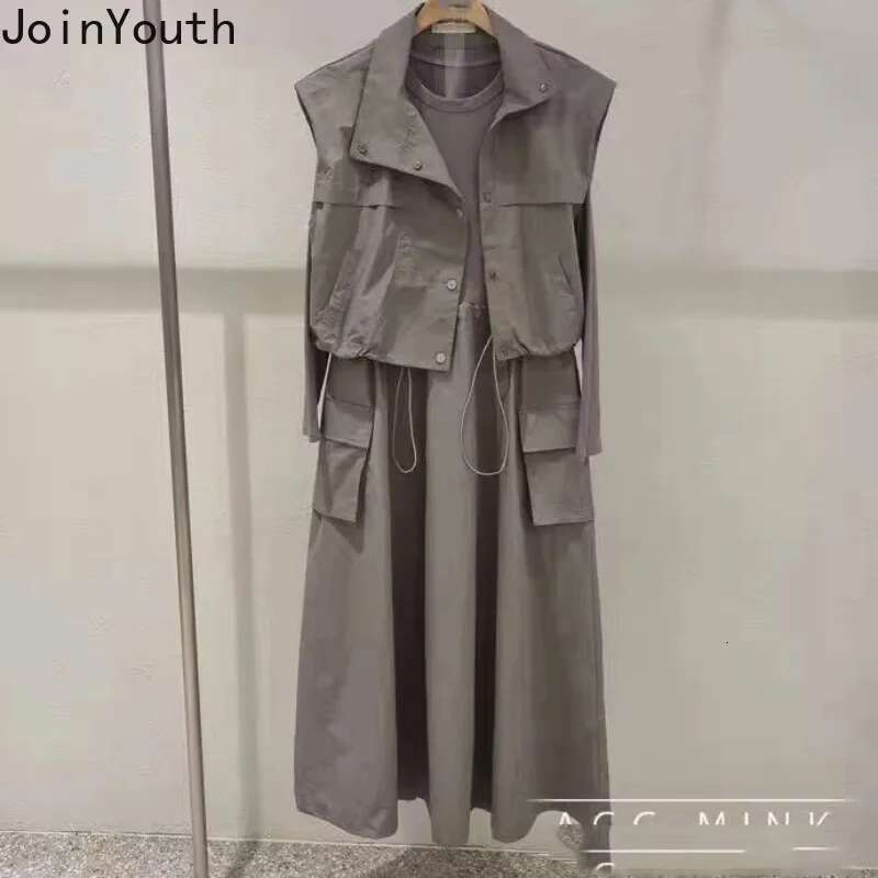 Dresses Suit Women Two Piece Set Long Sleeve Drawstring Patchwork Knit Dress Sleeveless Casual Vest Coat Outfits Chic Y2k Sets