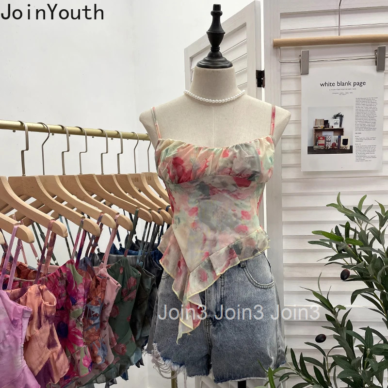 Irregular Tie Dye Printed Mesh Camisole Vest Women Clothing Sexy Tees Sleeveless Tunic Summer Camis Crop Tops Korean Chic Tanks