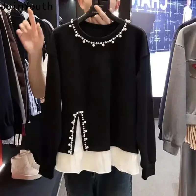 Fake Two Hoodeis 2025 Women Clothes Heavy Beading O-neck Patchwork Y2k Tops Ropa Mujer Contrast Color Fashion Casual Sweatshirts